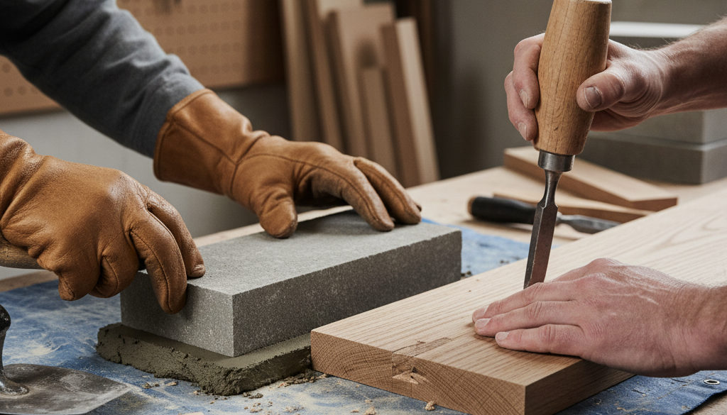 Mains expertes d'artisans réalisant un travail de précision sur un chantier.