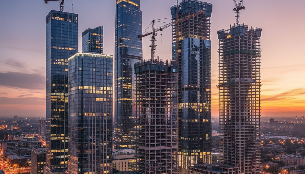 Grands projets architecturaux en construction symbolisant la croissance et l'achèvement.