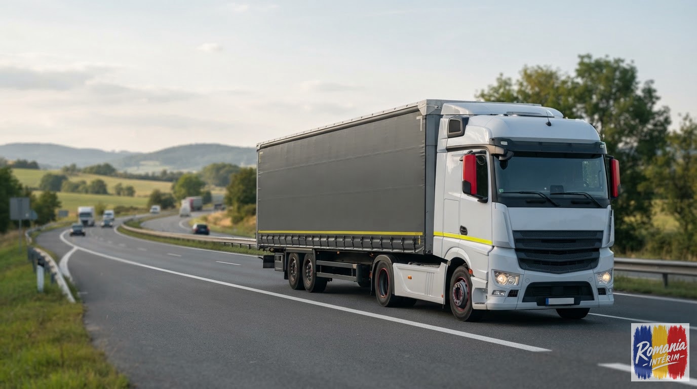 Un camion sur une route européenne symbolisant la mobilité des travailleurs roumains.
