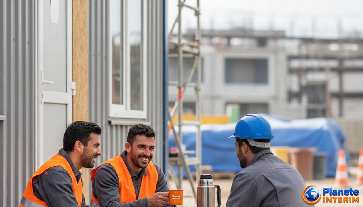 Ouvriers français et roumains partageant un café sur un chantier.