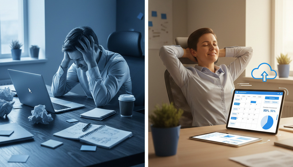 Frustrated blogger vs. relaxed automated blogger comparison.