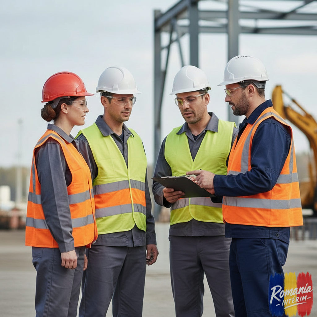 Travailleurs roumains qualifiés et superviseur sur un site industriel en France.
