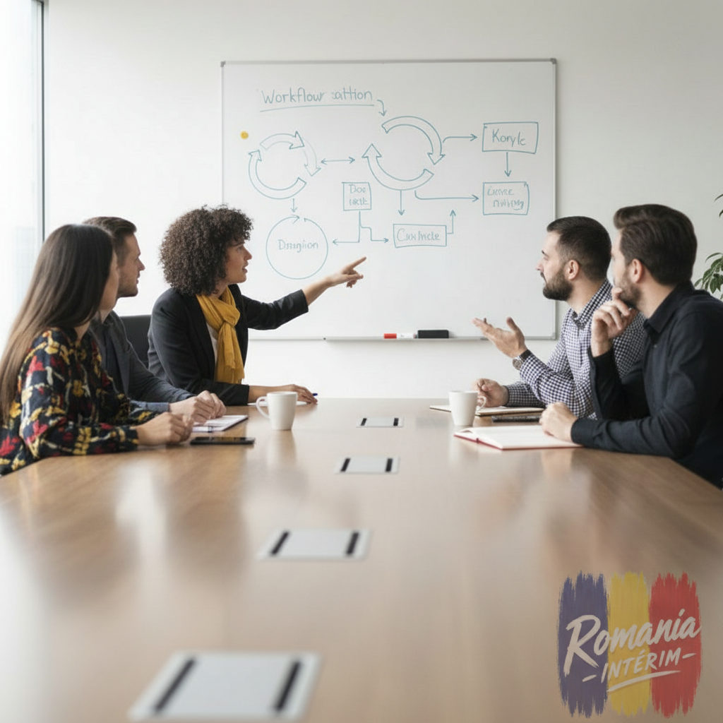 Équipe en réunion, organigramme au tableau blanc pour réduire le turnover.