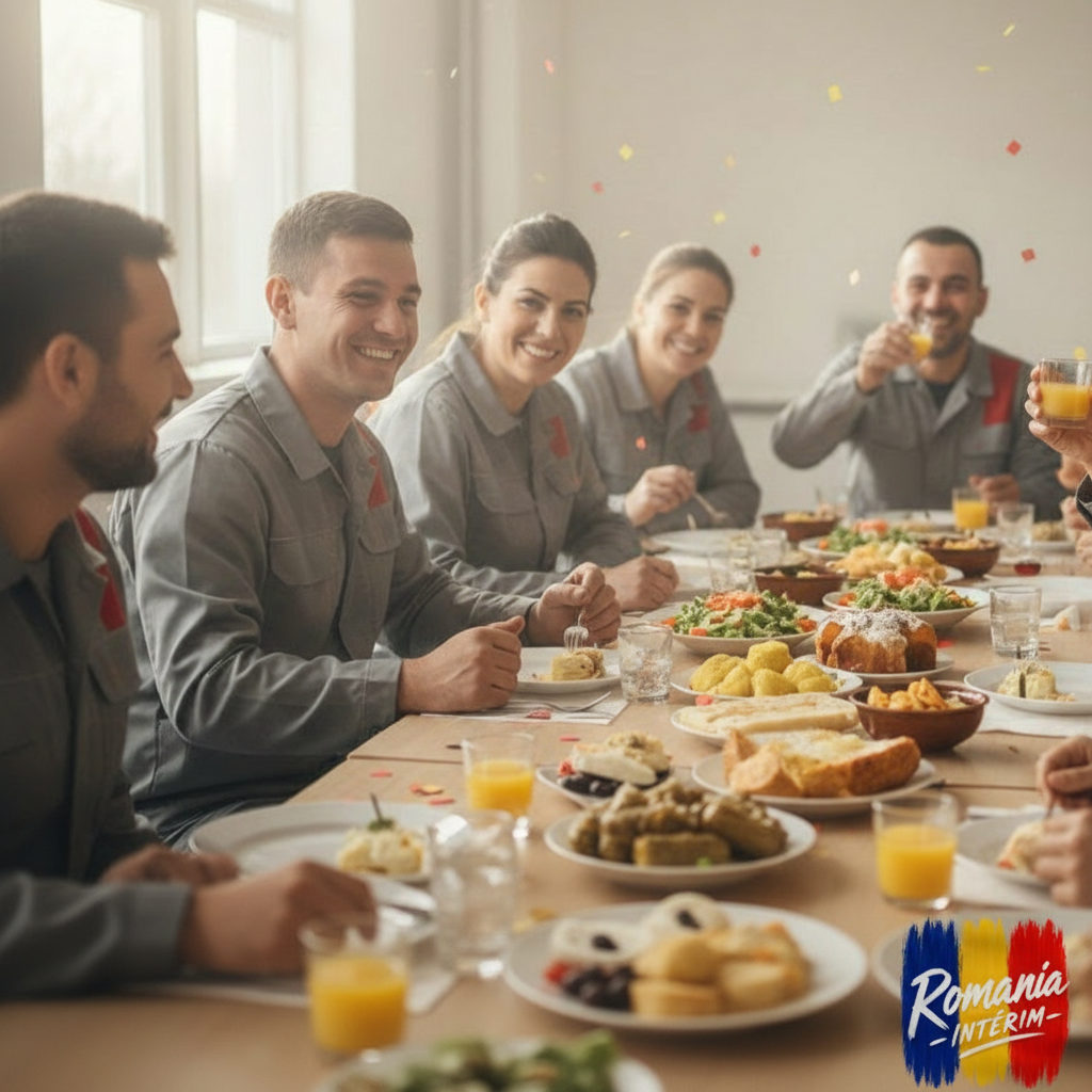 Déjeuner d'équipe festif, sourires et discussions, reconnaissance au travail.