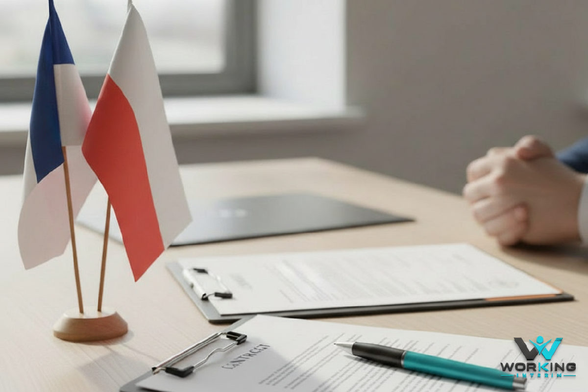 Bureau de recrutement avec drapeaux français et polonais, contrats de travail.