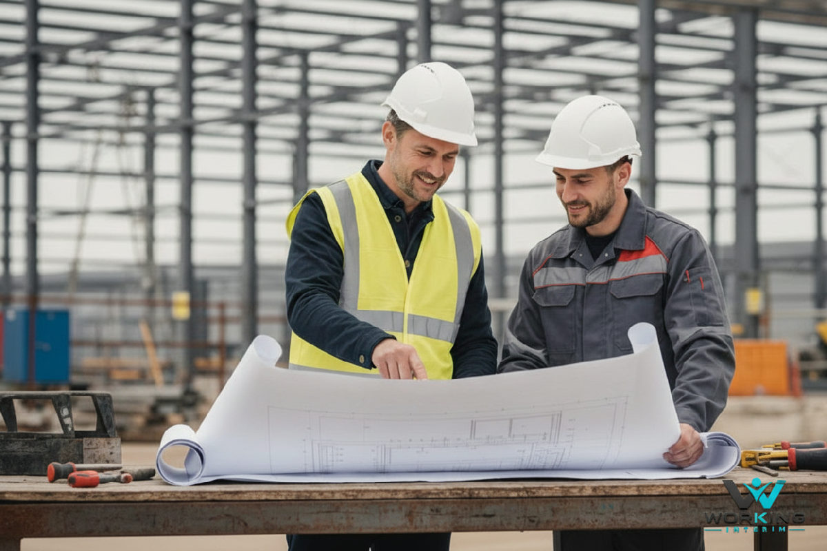 Chef de chantier français discutant avec technicien polonais sur site.