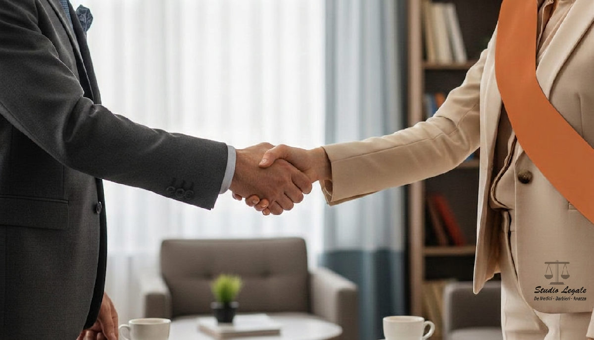 Stretta di mano simboleggia mediazione di successo in controversie immobiliari.
