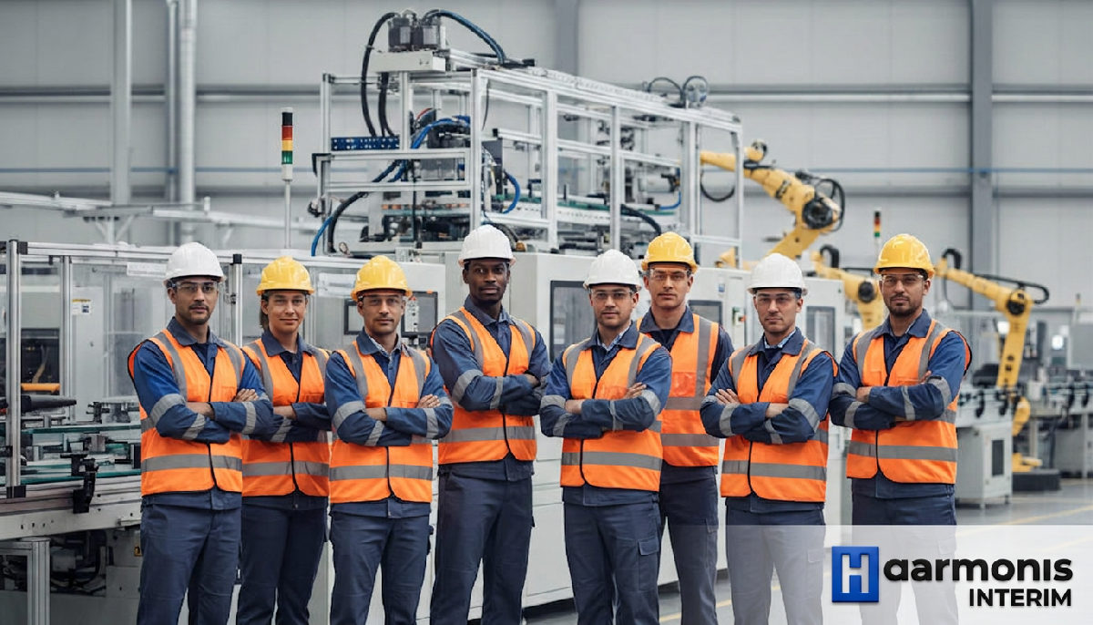 Travailleurs et responsables confiants devant une ligne de production moderne.