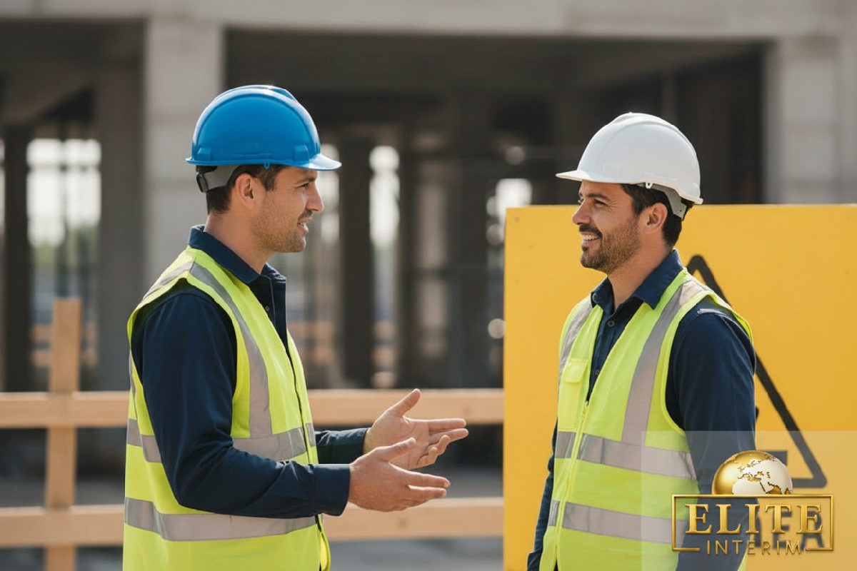 Chef de chantier et ouvrier discutant sur site.