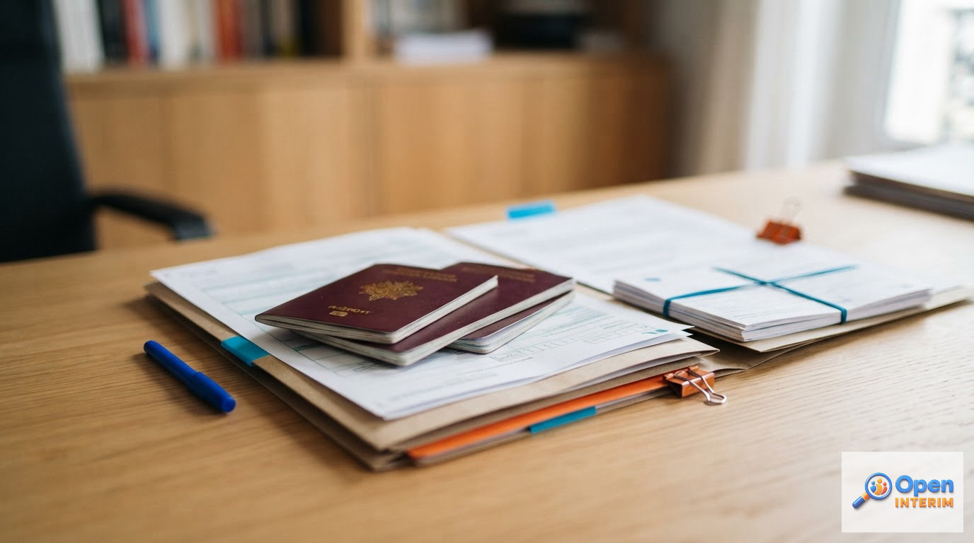 Documents officiels, formulaires A1 et passeports européens sur un bureau.