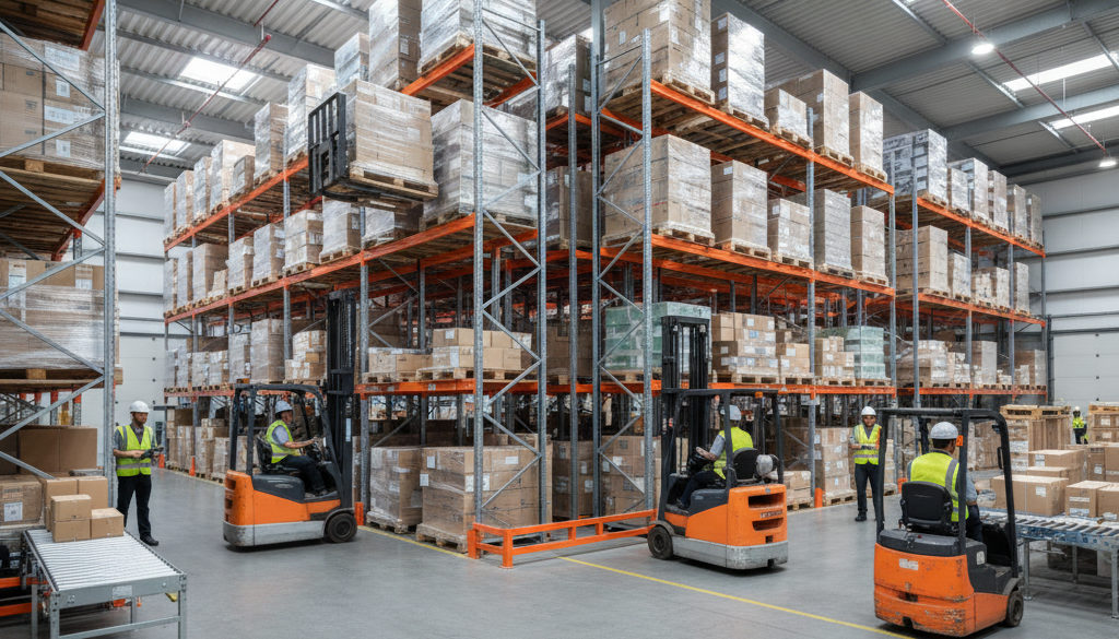 pénurie personnel logistique travailleurs détachés – Intérieur de hangar logistique animé avec chariots élévateurs et rayonna
