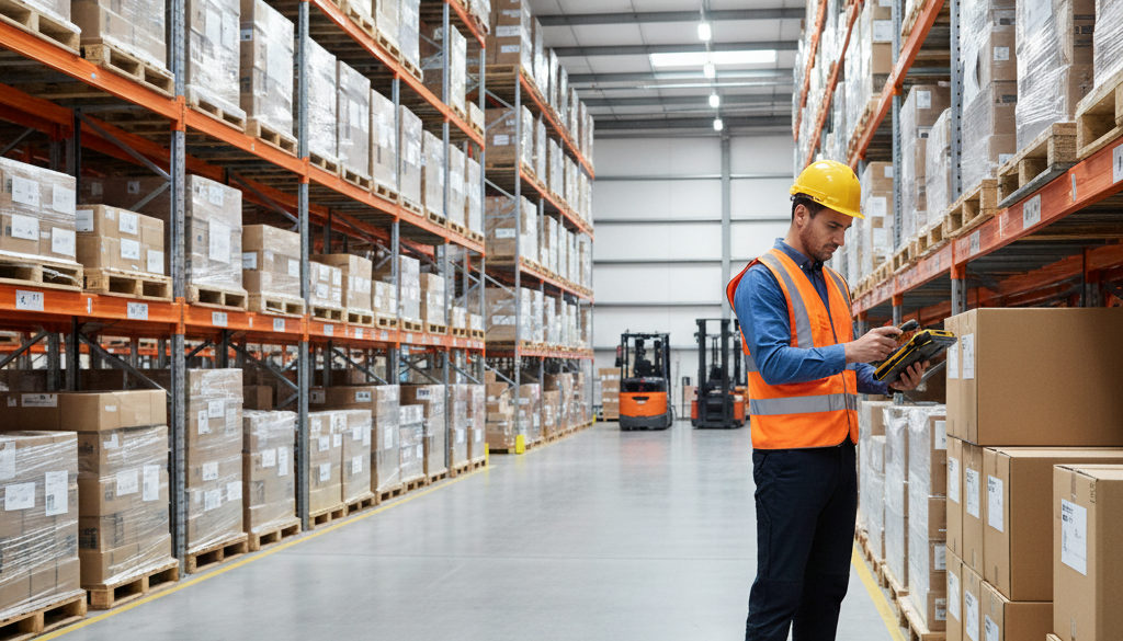 Employé logistique en tenue de visibilité opérant un terminal de commande.