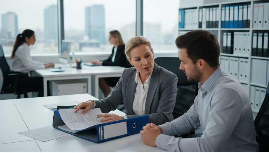 Responsable RH examinant des documents sur la conformité et la sécurité.