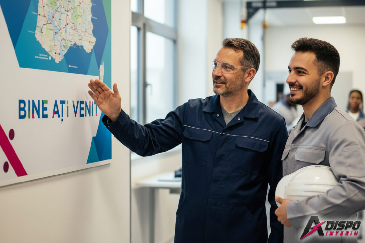Accueil convivial : tuteur expliquant le site à un nouvel ouvrier roumain.