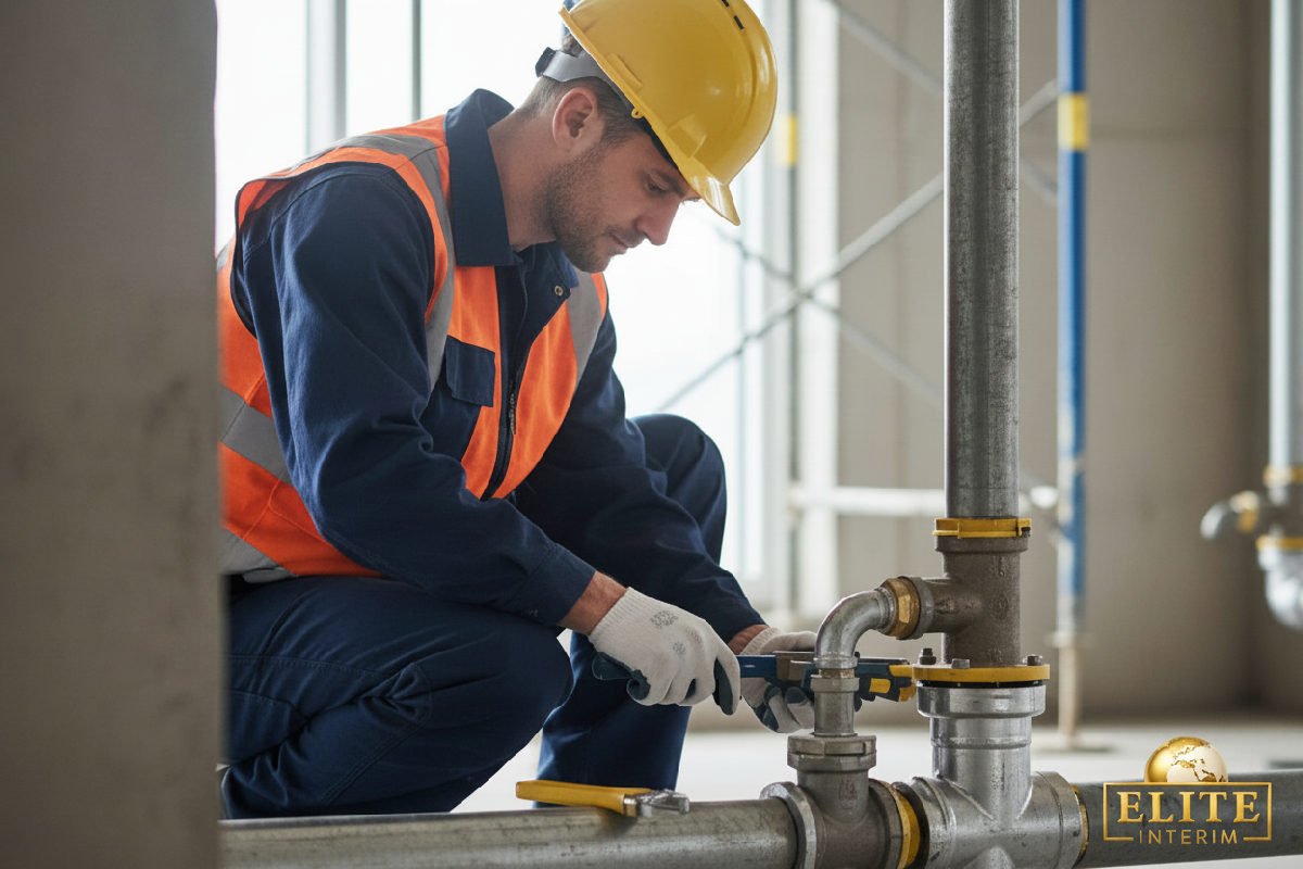 salaire moyen plombier intérim 2024 - Plombier qualifié installant une tuyauterie sur un chantier moderne.