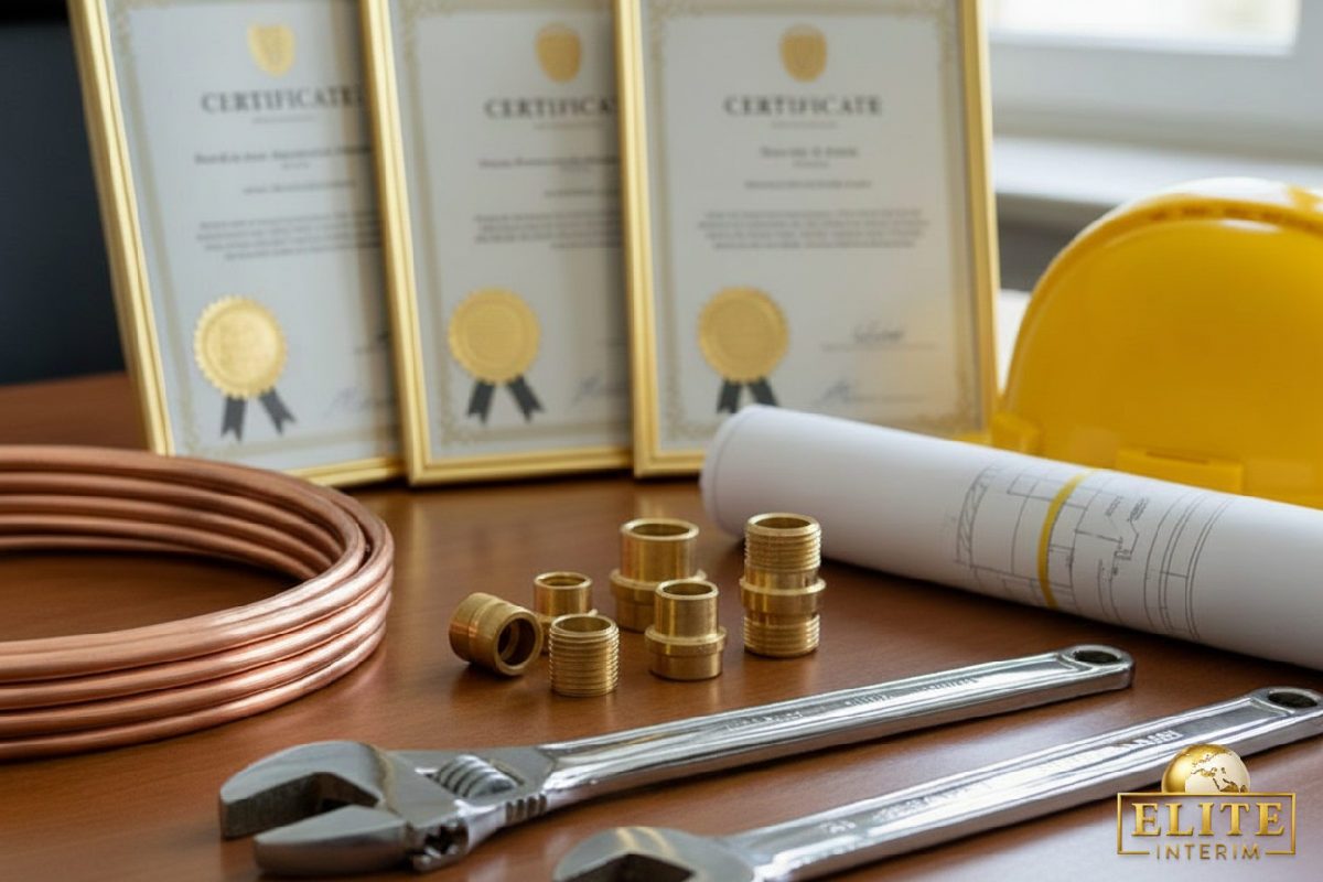 Gros plan sur des outils de plomberie et des certifications.