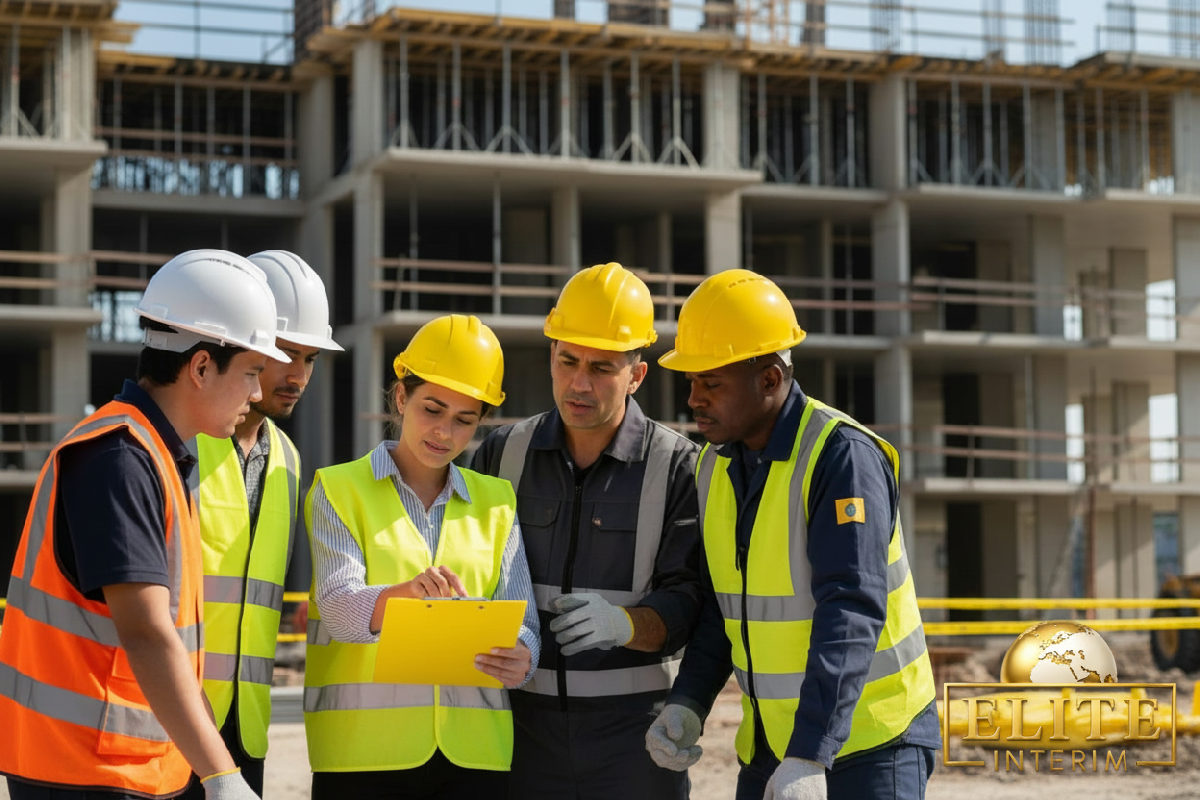 Équipe de techniciens en réunion sur un chantier avec des casques.