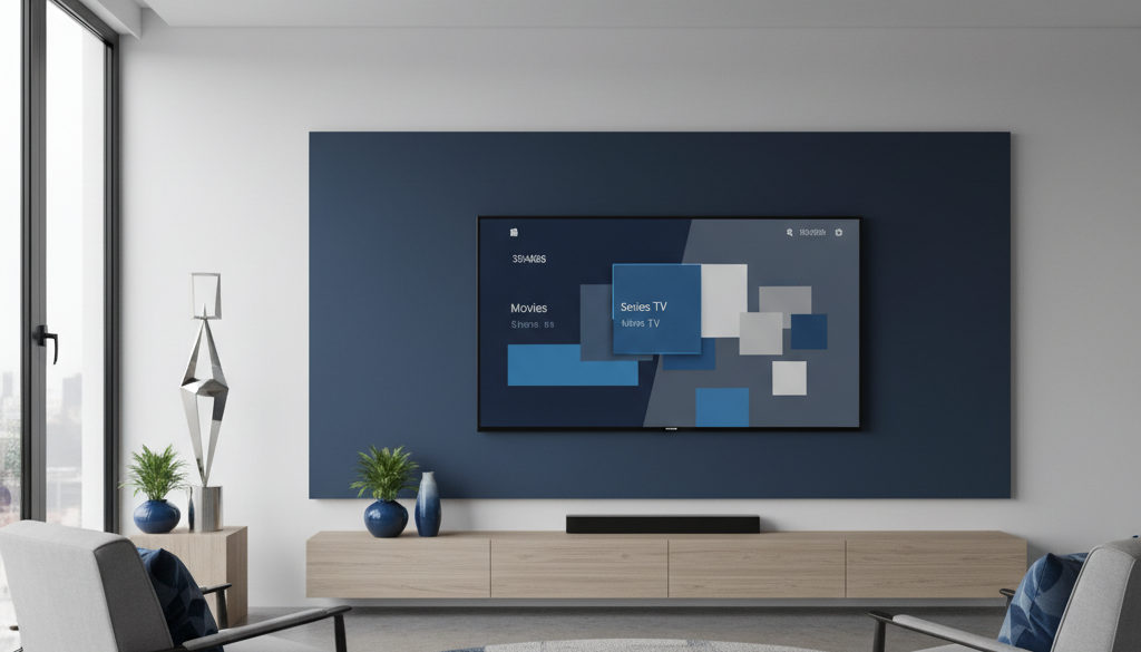 Vorteile IPTV: Internetfernsehen erobert Dein Zuhause 2 Vorteile IPTV – Modernes Wohnzimmer mit Smart-TV und IPTV-Oberfläche.