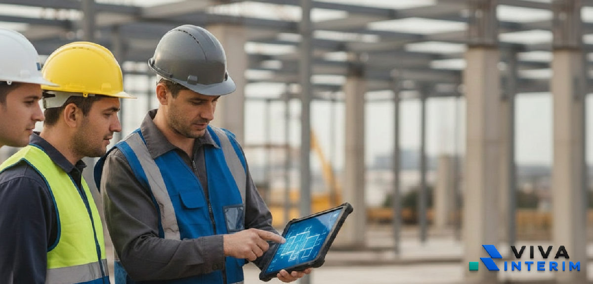 Chef de chantier expliquant un plan numérique à des ouvriers roumains.