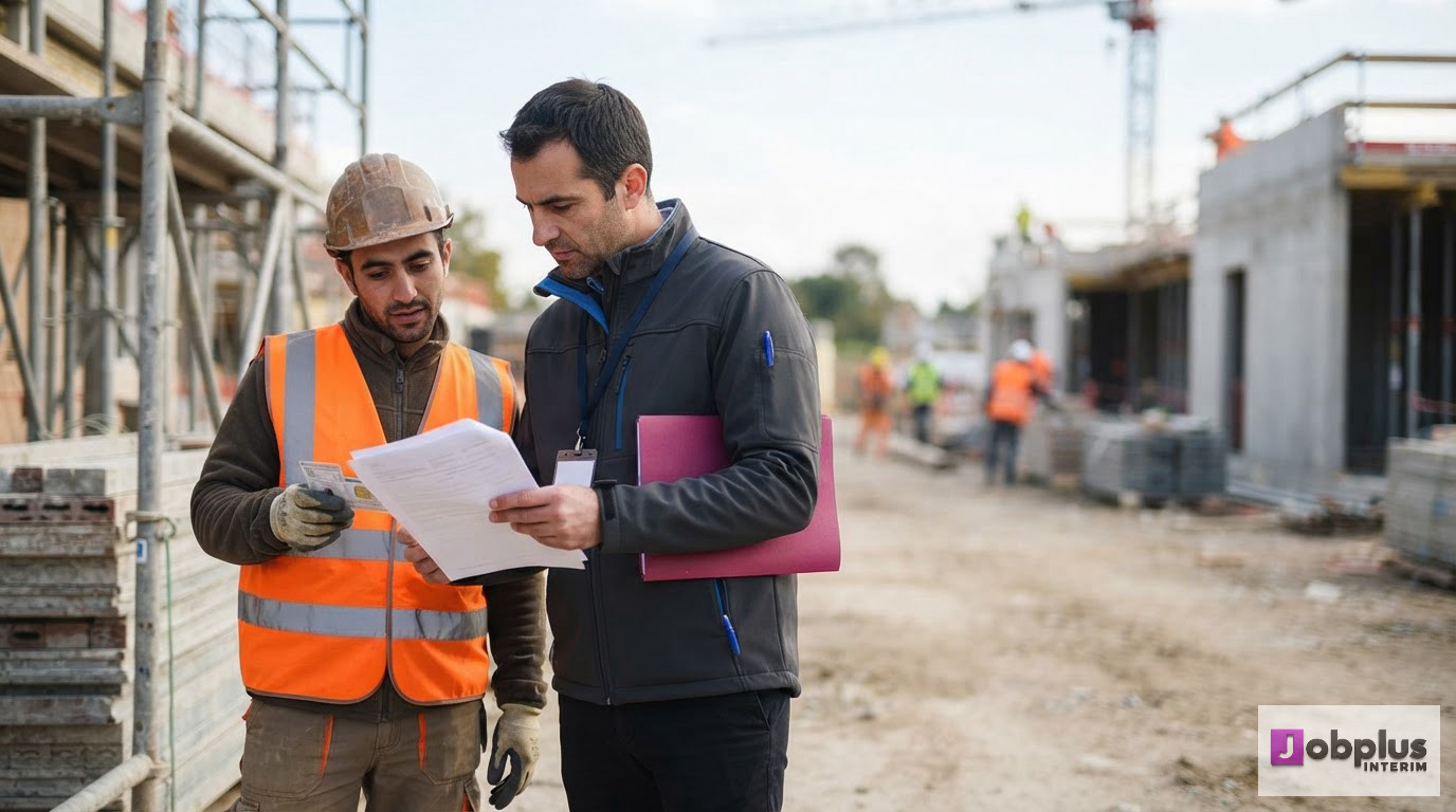 Un inspecteur examinant les documents légaux d'un travailleur détaché sur un chantier.
