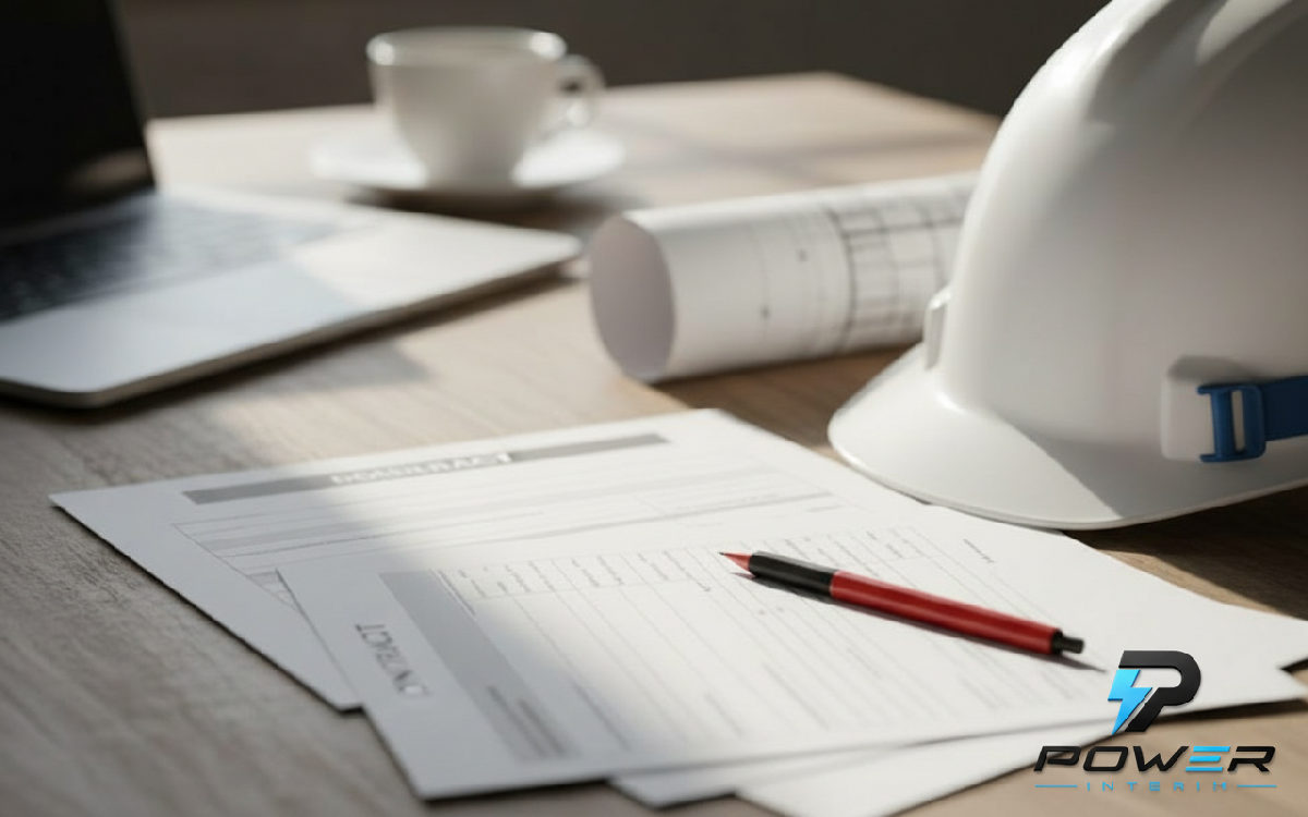 Documents officiels et casque de chantier, symboles de conformité.