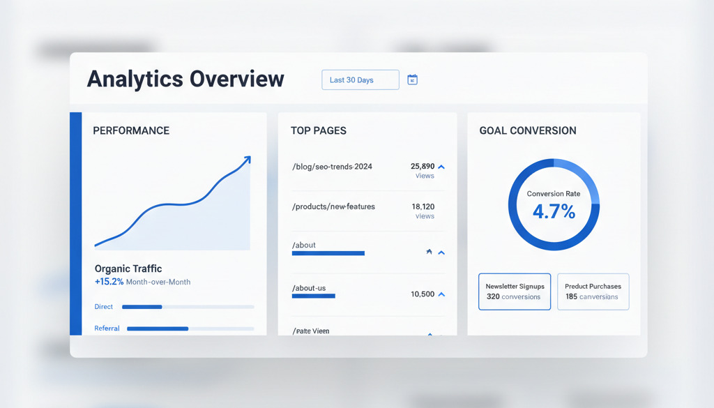 Website analytics dashboard displaying key SEO performance metrics.
