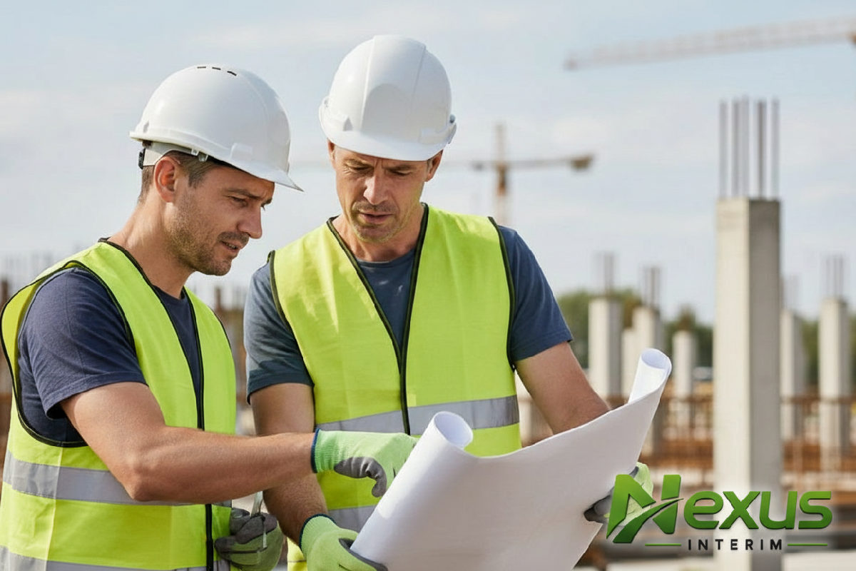 Ouvrier expérimenté expliquant un plan à un jeune collègue sur un chantier.