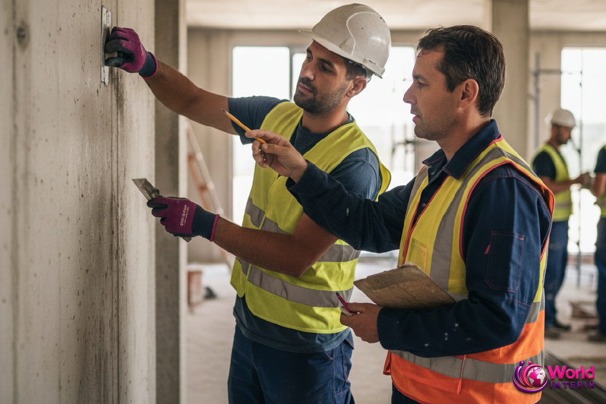 Ouvrier roumain spécialisé faisant une finition sur un mur en béton.
