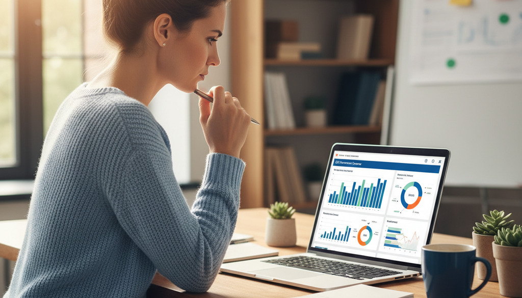 Small business owner viewing SEO analytics on a laptop.