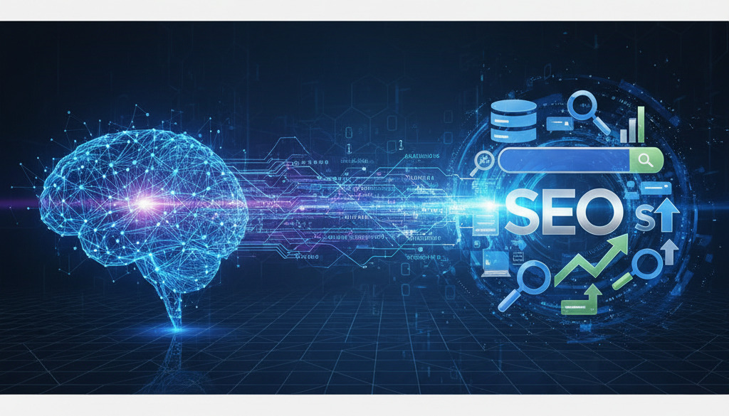 Abstract AI and SEO intersection with data streams.