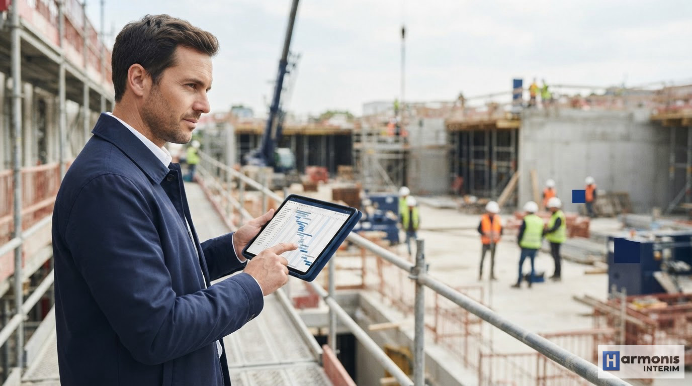 organiser logistique détachement planning coûts intérimaires - Un chef de projet consulte un planning logistique sur une tablette en chantier.
