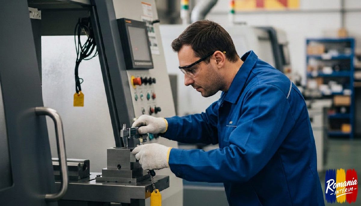 Un ouvrier qualifié roumain contrôlant une machine industrielle avec précision.