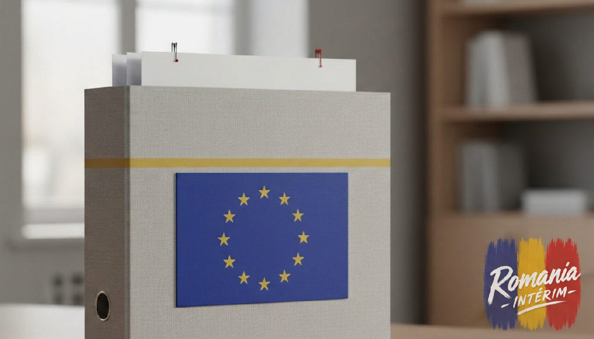 Documents officiels et drapeau de l'Union Européenne, symbolisant la conformité.