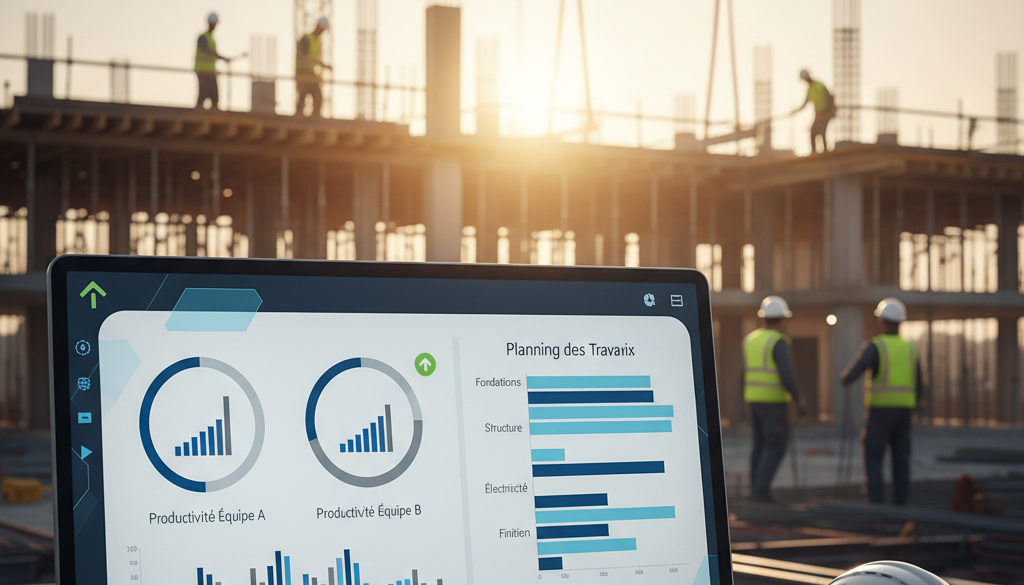 Tableau de bord de gestion de chantier avec ouvriers en arrière-plan.