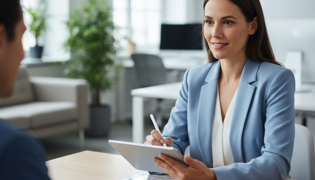 Professionnel RH en entretien, prenant des notes sur une tablette.