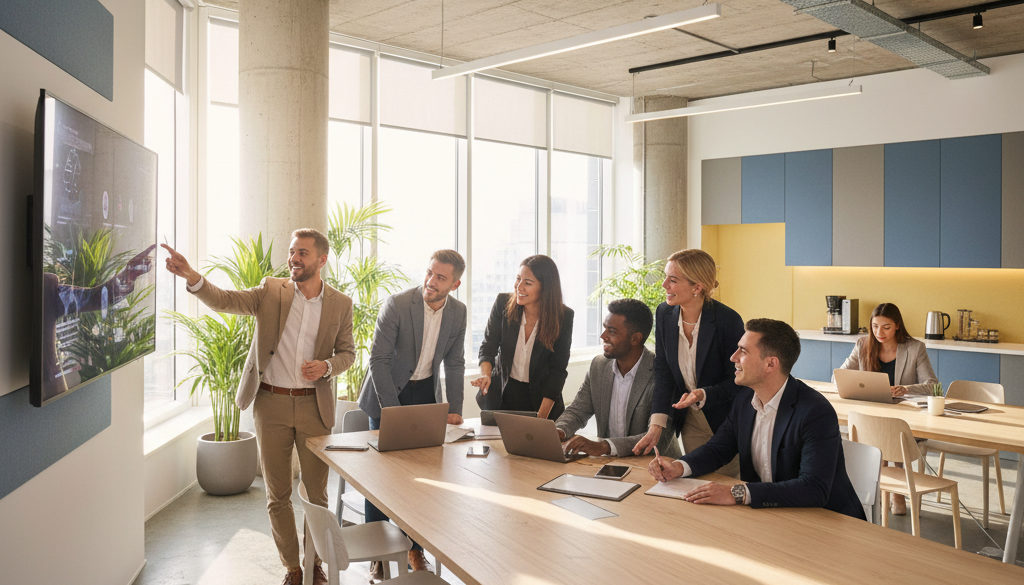 Jeunes professionnels diversifiés collaborant dans un bureau moderne.
