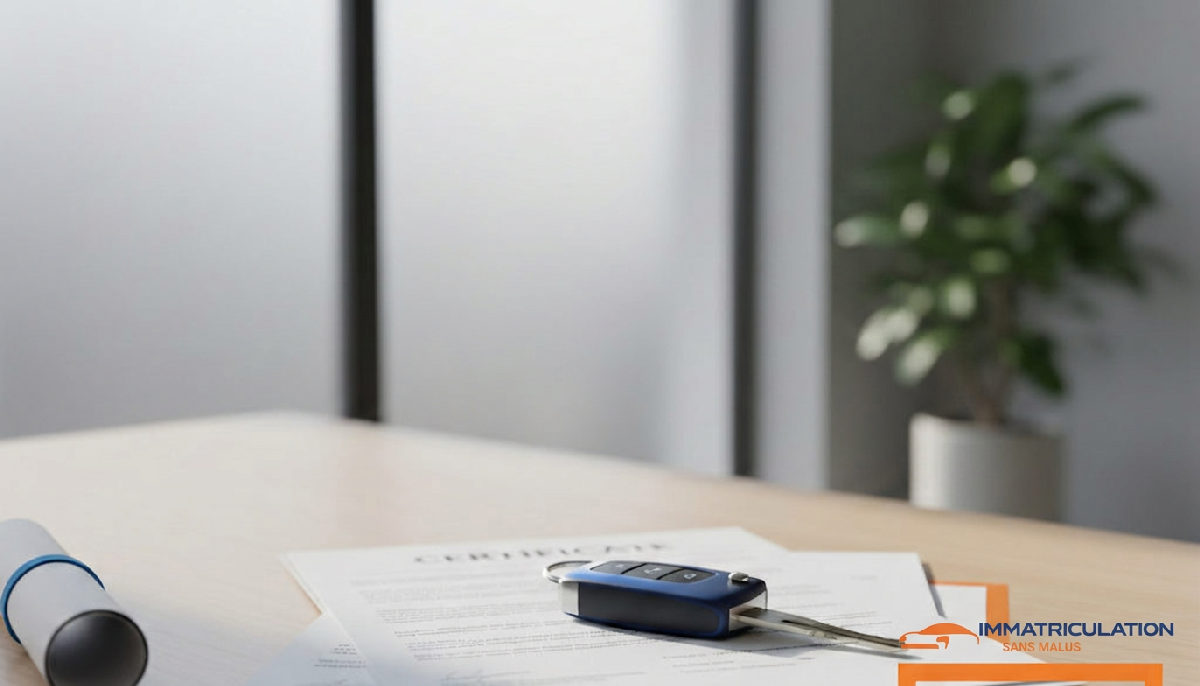 Documents officiels et clés de voiture sur un bureau.