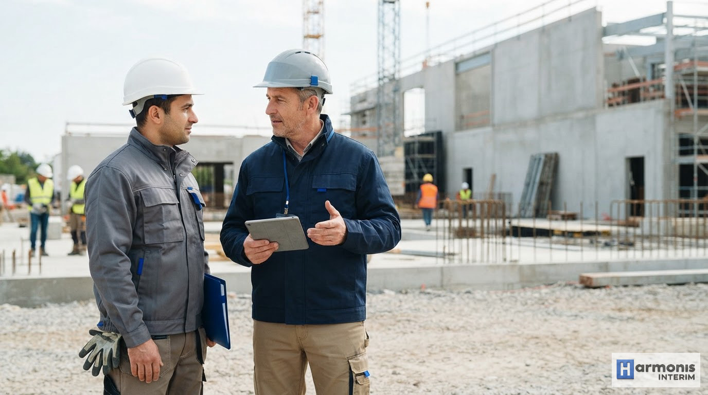quelle agence intérim roumanie choisir - Un chef de chantier français échange avec un ouvrier roumain sur un chantier.