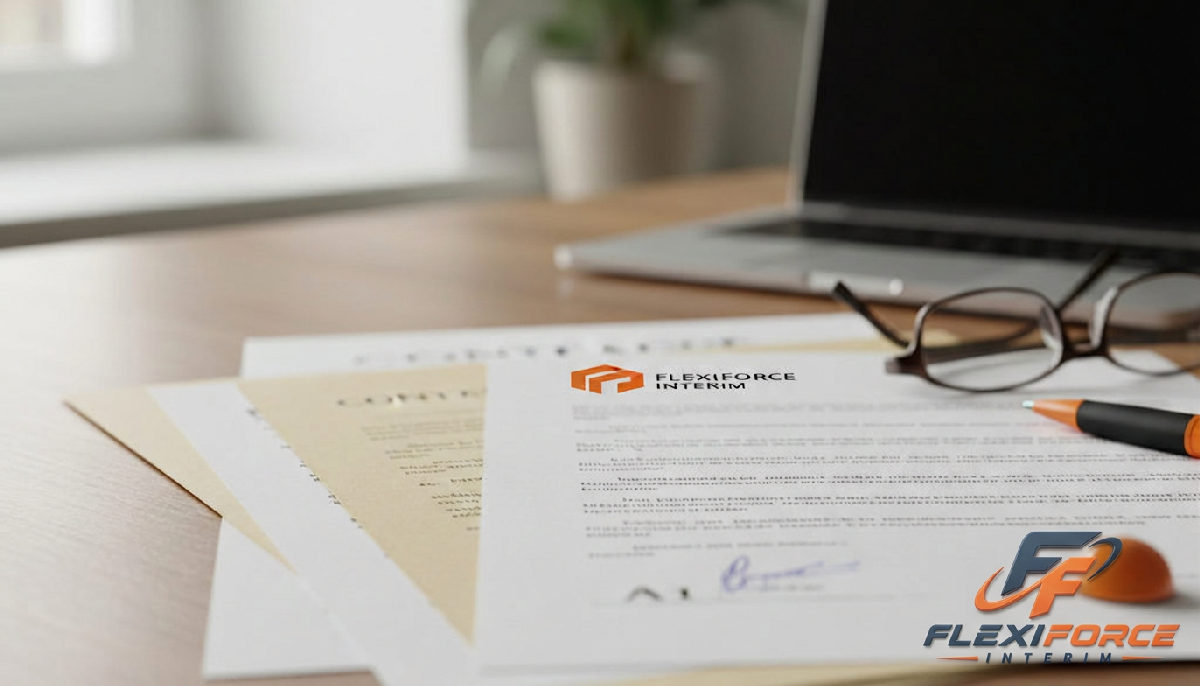Documents officiels et logo FlexiForce pour l'embauche de travailleurs roumains.