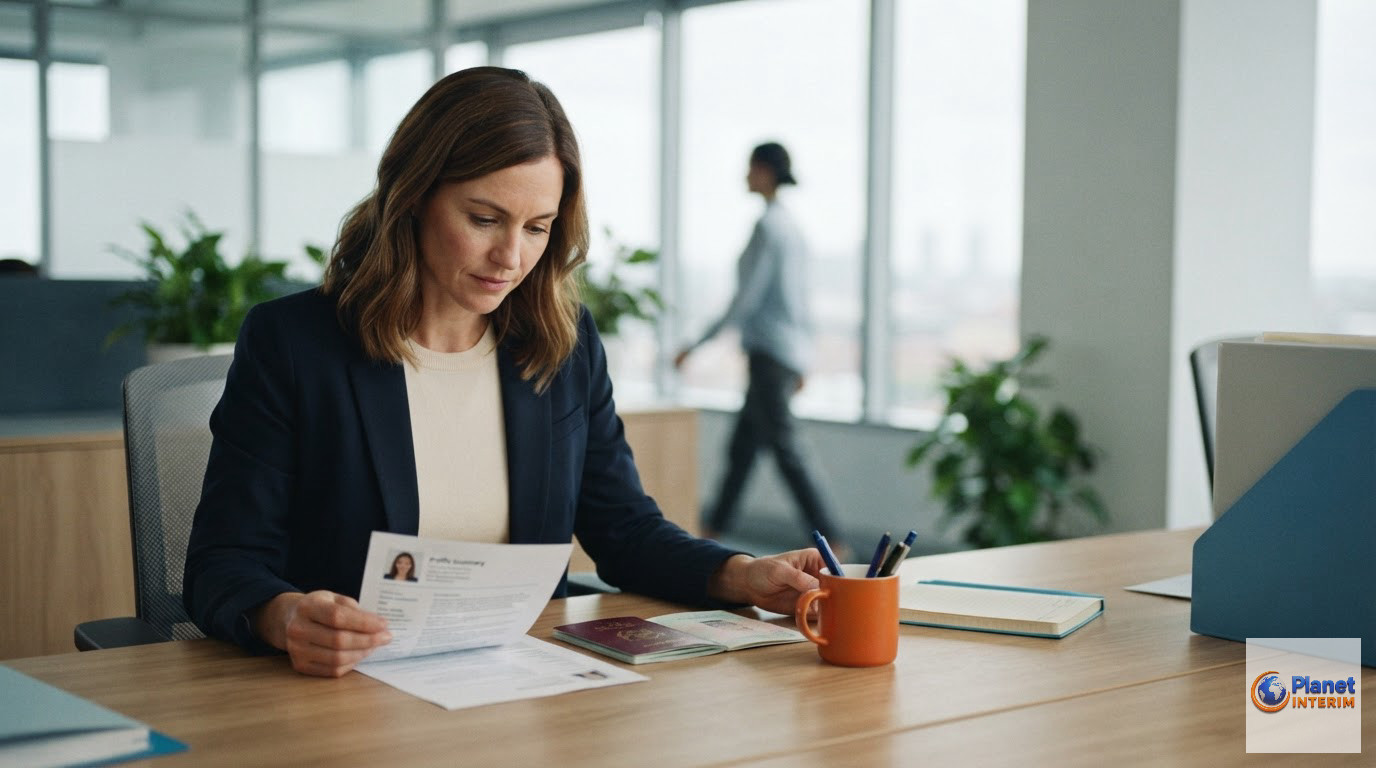 étapes du recrutement roumain et sourcing pour entreprise française - Un professionnel examinant des CV sur un ordinateur dans un bureau moderne.