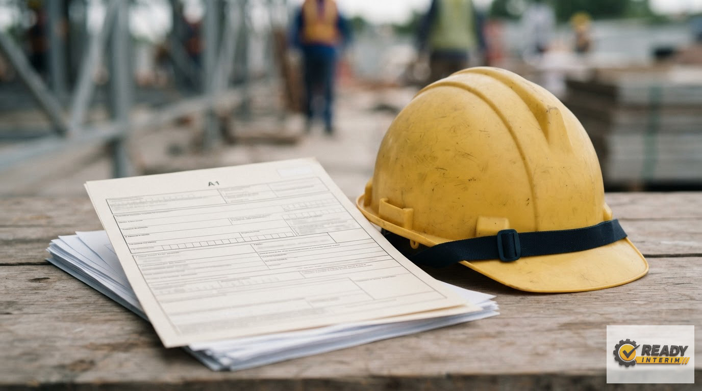 Un formulaire A1 officiel posé à côté d'un casque de chantier professionnel.