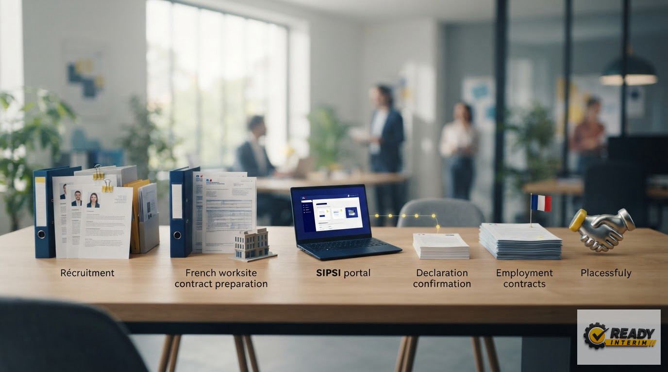 Une infographie détaillée illustrant les étapes de déclaration SIPSI et du recrutement international.