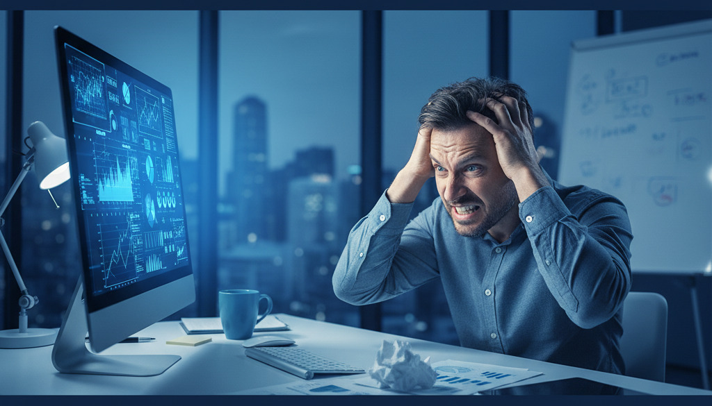 Frustrated business owner struggling with digital marketing challenges.