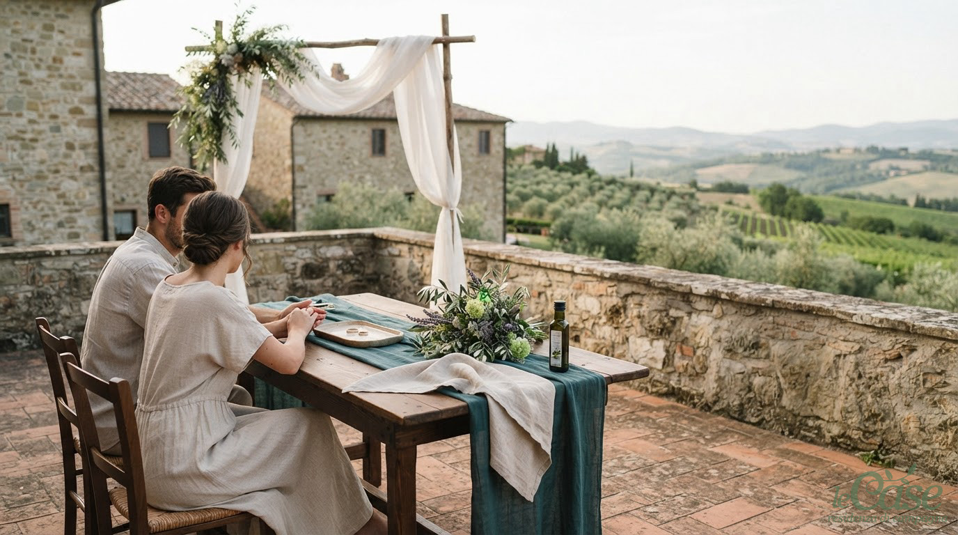 Una sposa felice cammina tra i vigneti di un agriturismo durante il matrimonio.