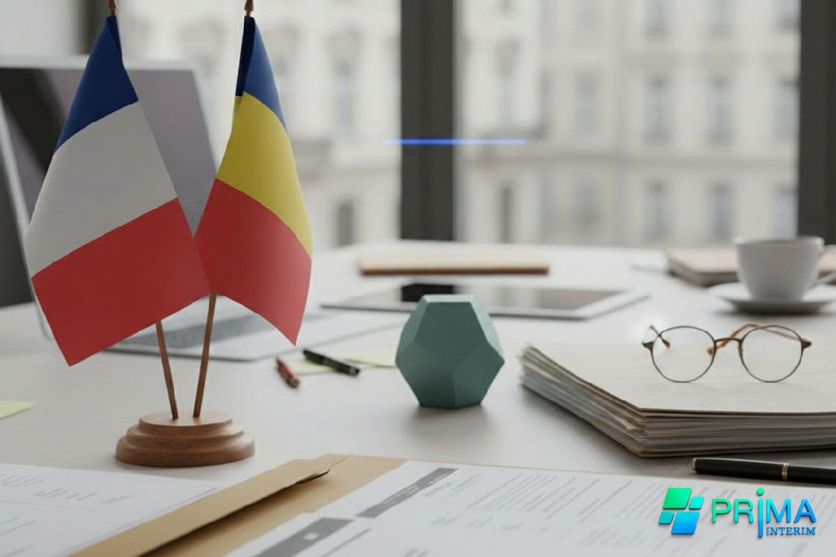 Bureau gérant le détachement avec drapeaux français et roumains.