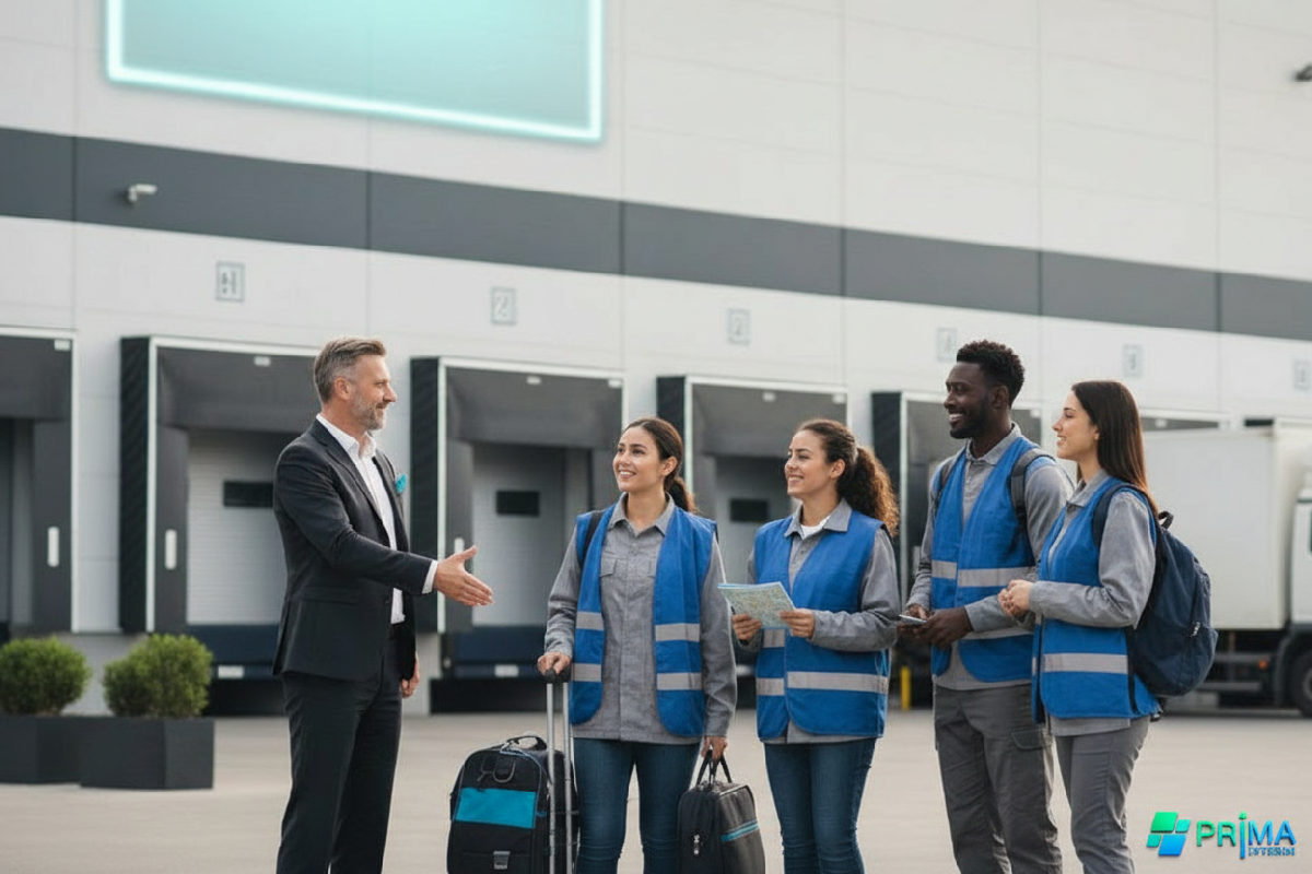 Responsable accueillant des travailleurs roumains devant un centre logistique.