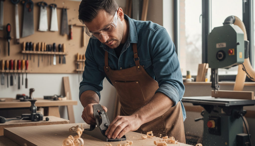interim menuisier roumain avantages – Menuisier roumain travaillant avec précision dans un atelier moderne.