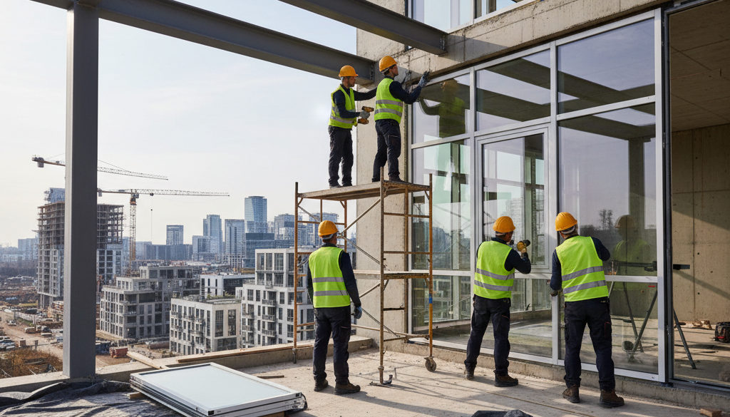 Équipe de menuisiers installant des fenêtres sur un chantier.