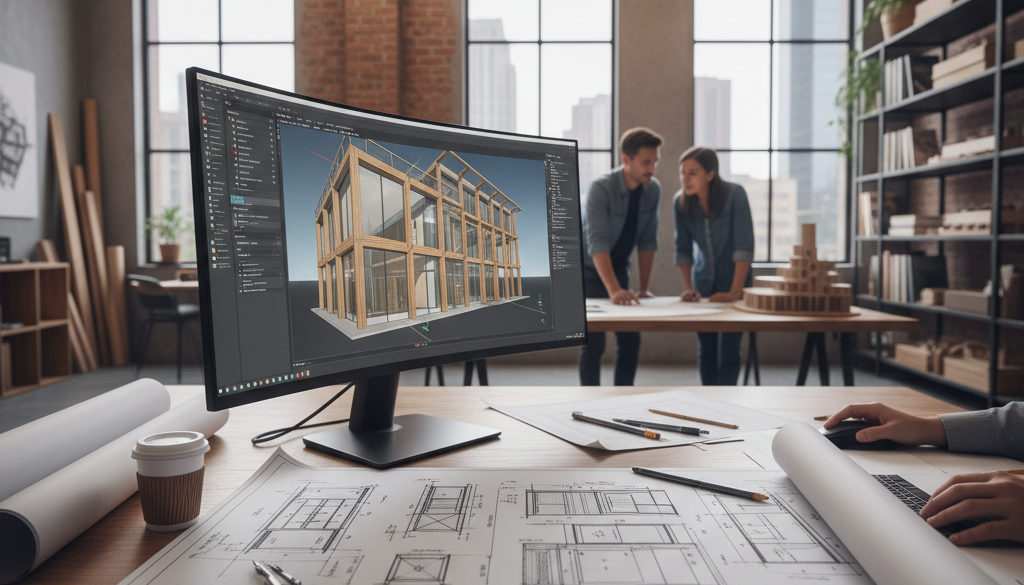 Plans de menuiserie et conception CAO sur un bureau d'architecte.