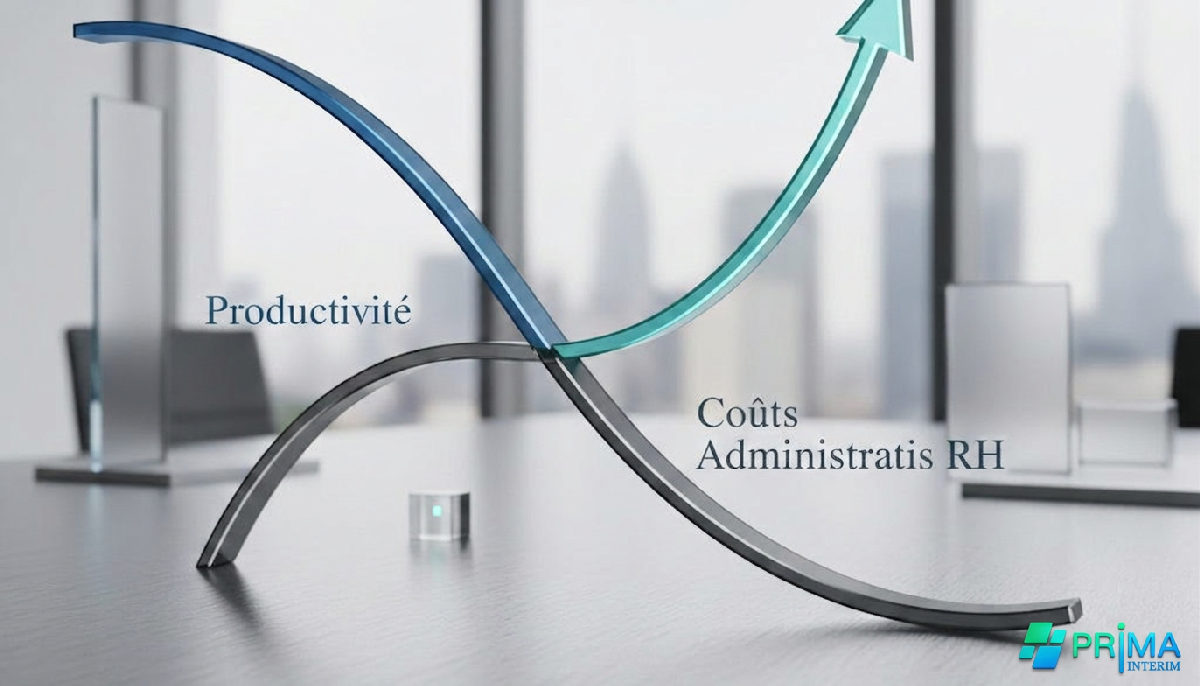 Graphique : productivité ascendante, coûts administratifs RH descendants.